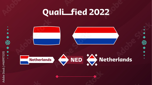 Set of netherlands flag and text on 2022 football tournament background. Vector illustration Football Pattern for banner, card, website. national flag holland qatar 2022, world cup 