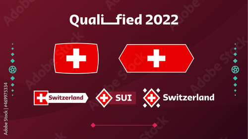 Set of switzerland flag and text on 2022 football tournament background. Vector illustration Football Pattern for banner, card, website. national flag switzerland qatar 2022, world cup 