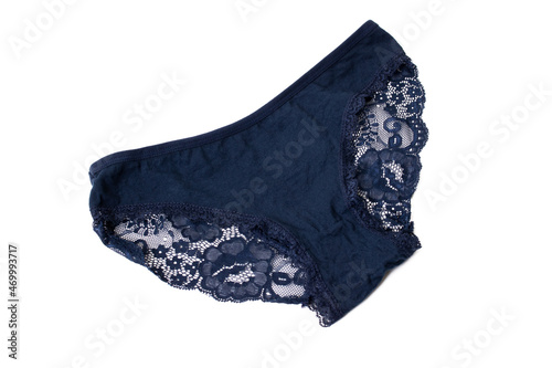 Blue lace panties isolated on white background