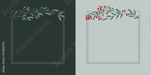 Kwadratowe ramki w prostym stylu. Botaniczne wzory z gałązkami jemioły i jagodami. Elementy do wykorzystania na zaproszenia, świąteczne życzenia, kartki z okazji Bożego Narodzenia lub Nowego Roku. 