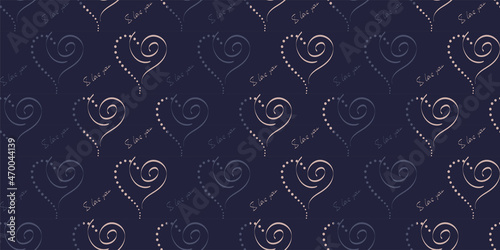 Hearts on dark background. Seamless pattern. Text I love you.
