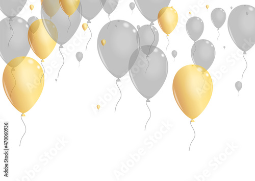 Golden Confetti Background White Vector. Toy Streamers Border. Yellow Ribbon Balloon. Baloon Shine Set.