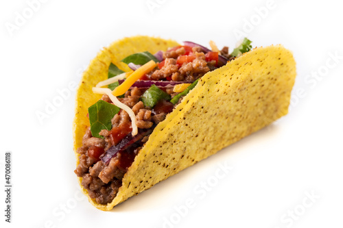 Traditional Mexican tacos with meat and vegetables isolated on white background