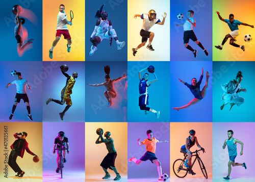Collage of different professional sportsmen, fit people in action, motion isolated on multicolor background in neon light.