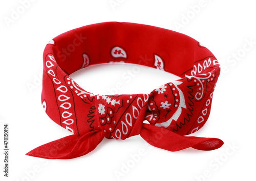 Tied red bandana with paisley pattern isolated on white