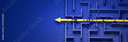 3d rendering: Concept - solving a complex problem. Brute force method: breaking through the brick wall. Blue maze and floor with yellow solution path with arrow. Banner size.