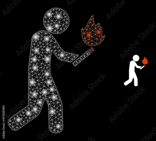 Glossy polygonal mesh web fire arsonist icon with glitter effect on a black background. Wire frame fire arsonist iconic vector with glitter points in vibrant colors.