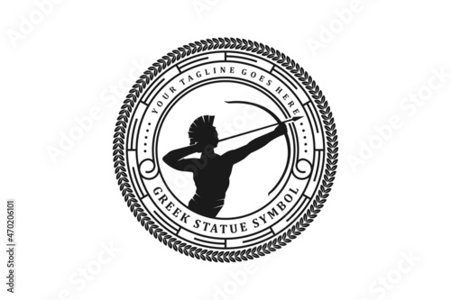 Hercules Heracles with Bow Longbow Arrow, Muscular Myth Greek Archer Warrior Silhouette with Circle Emblem Badge Pattern Frame Leaf Wreath Logo design