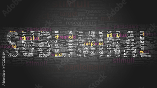 Subliminal - essential subjects and terms related to Subliminal arranged by importance in a 2-color word cloud poster. Reveal primary and peripheral concepts related to Subliminal, 3d illustration