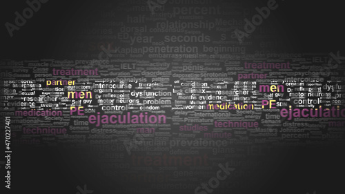 Premature ejaculation - essential terms related to it arranged in a 2-color word cloud poster. Reveals related primary and peripheral concepts, 3d illustration