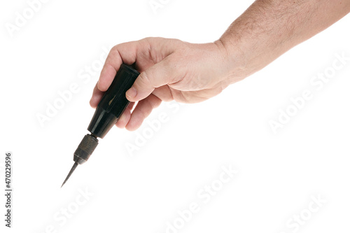 Hand holds an awl on a white background, template for designers