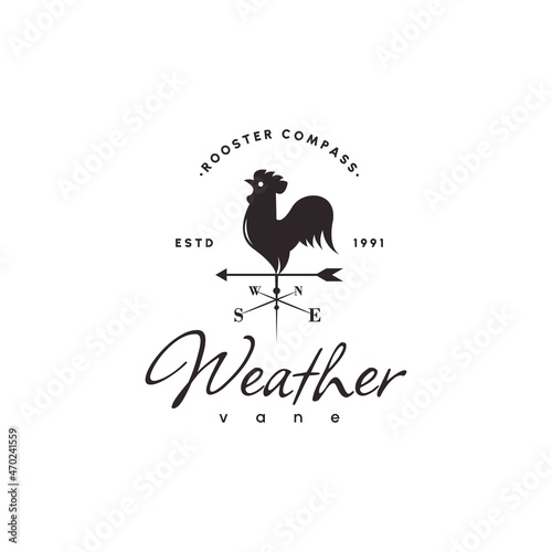 Wheatervane, Windvane, Rooster Compass Abstract Retro Style Vector Sign, Emblem or Logo Template. Vintage Isolated on white background.