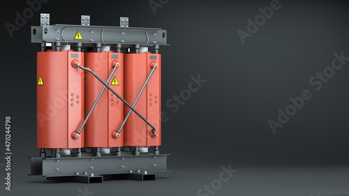 Power transformer for electric power industry on a dark background. Dry type medium voltage power transformer (cast resin). 3d render