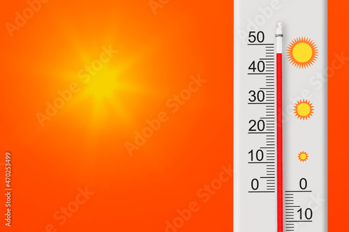 Celsius scale thermometer shows plus 47 degrees . Yellow sun in red sky. Summer heat