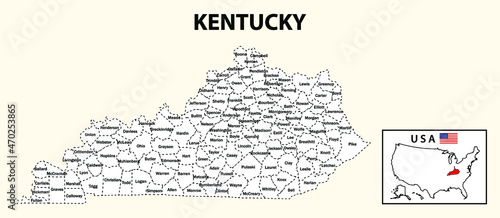 Kentucky Map. State and district map of Kentucky. Administrative and political map of Kentucky with district and capital in white color.