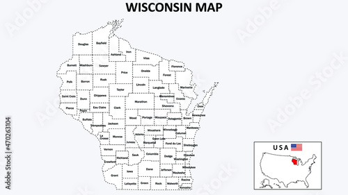 Wisconsin Map. State and district map of Wisconsin. Administrative map of Wisconsin with district and capital in white color.