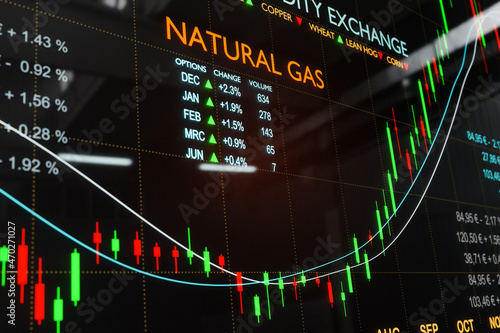 Close-up rising natural gas chart and gas trading facts. Digital trading screen for commodities. 3D illustration 