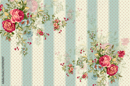 Vintage roses on a background of stripes and polka dots