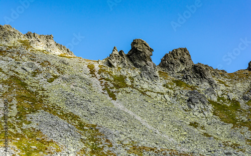 Rocky formations on the Main Ridge of the Tatra Mountains. So the peaks of Wolowe Rogi (Volie rohy).