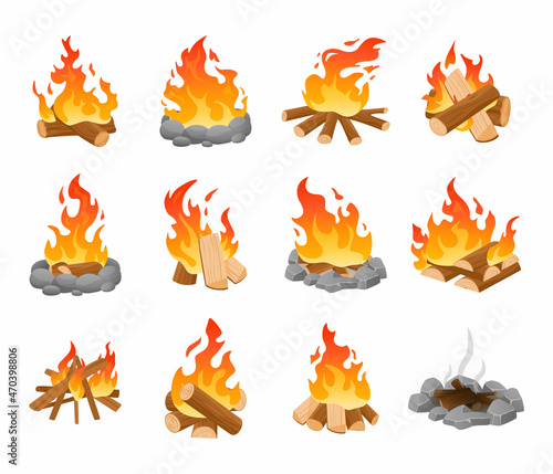 Bonfire. Cartoon outdoor fireplace with burning logs, flaming campfire of wood sticks branches and coals, extinguished fire with smoke, cozy autumn firewood. Vector isolated set