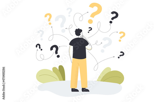 Man looking at question marks and choosing right option to achieve success. Process of making decision to reach goal flat vector illustration. Business development way, confusion, doubt concept