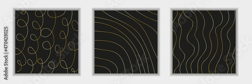 Abstract black wave shape with gold thread lines on dark background luxury style