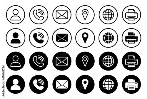 Set of Online Contact Icon Concept. Black Buttons Symbol of Call, Message and Web Communication. Handset Phone, Email, Man, Pin, Globe, Fax Line and Silhouette Icons. Isolated Vector Illustration