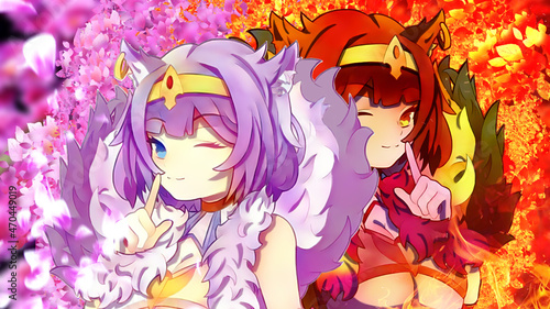 anime manga two girls sisters a hellish demonic fox with a fiery red tail and hair and a fur collar and in good pink tones llustration HD wallpaper 