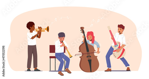 Students with Various Instruments Trumpet, Double Bass, Bassoon and Electric Guitar. Children Training in Music School
