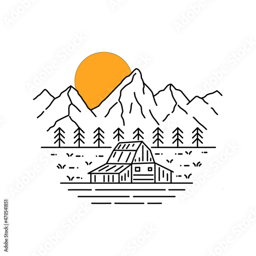 Illustration of Grand Teton in mono line style art for badges, emblems, patches, t-shirts, etc.