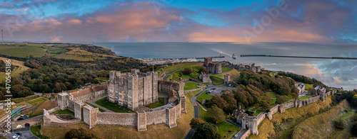 Aerial view of the Dover Castle. The most iconic of all English fortresses. English castle on top of the hill.