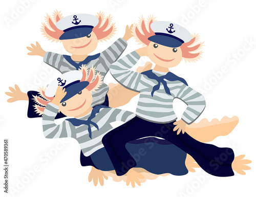 Vector isolated illustration of three axolotls in the clothes of sailors, dancing hornpipe dance.