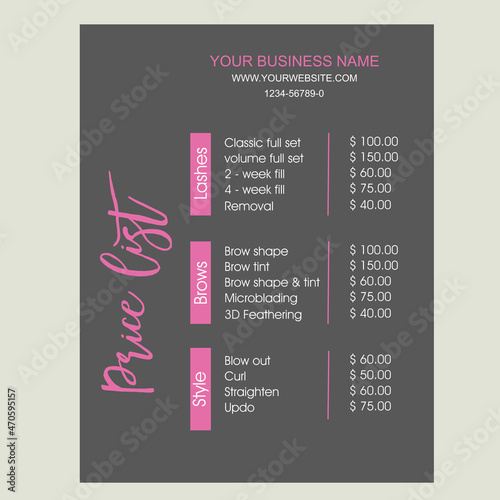 Printable Price Sheet, Price Guide, Hair Salon, Hairdresser, Beauty, Pink Price List Template