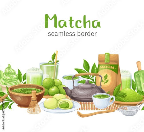 Matcha tea ceremony seamless pattern border frame vector illustration. Japanese traditional matcha powder green tea, green candy truffles, whisk, bamboo spoon, tea sprig with leaves and ets.