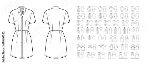 Set of Shirt Dresses technical fashion illustration with button closure, classic round flat collar, knee mini length skirt. Flat safari office apparel front, back, white color. Women men CAD mockup