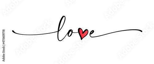 Love - continuous line cursive text. Lettering typography design with word love and doodle heart. Elegant vector print for t-shirt, poster, card, banner valentine day, wedding