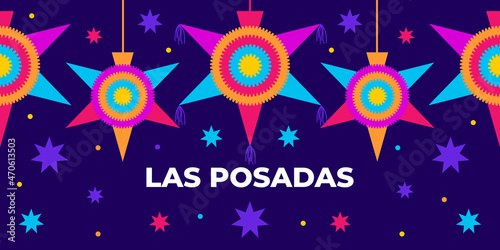 las posadas. Vector web banner, poster, card for social media, networks. Text las posadas, pinata mexican star on blue background. Hispanic tradition, chistmas selebration.