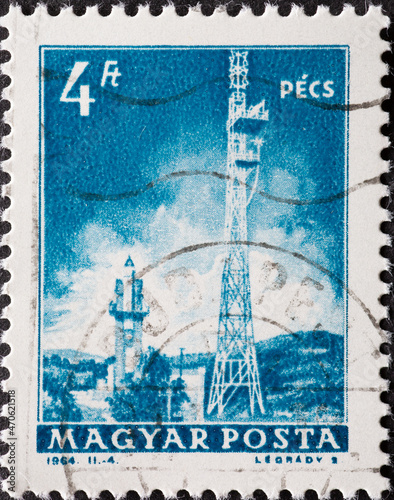 HUNGARY - CIRCA 1972: A post stamp printed in Hungary showing the Television Tower, Pécs