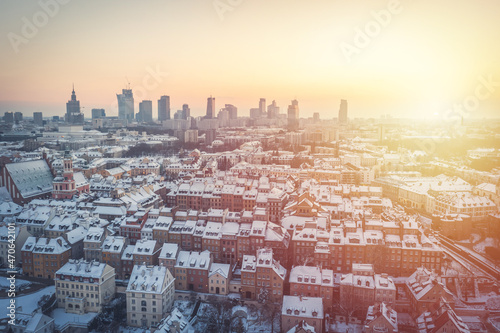 Warsaw downtown and city center at dusk, aerial winter panorama