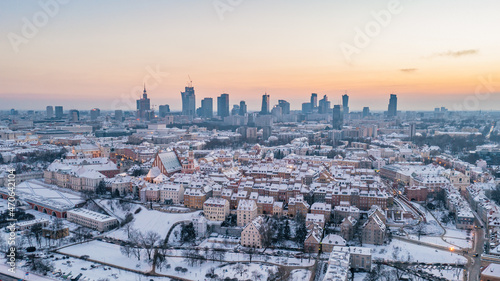 Warsaw downtown and city center at dusk, aerial winter panorama