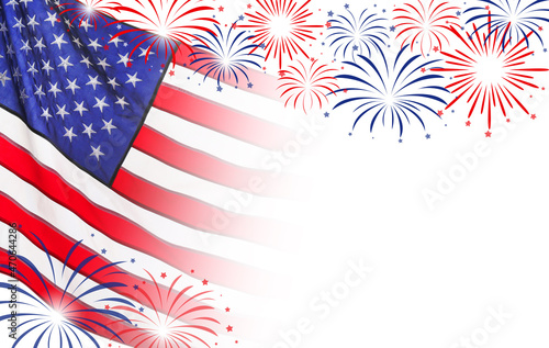 4th of july - Independence Day of USA. American national flag and fireworks on white background, space for design