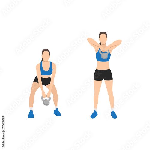 Woman doing Upright kettlebell front rows exercise. Flat vector illustration isolated on white background. workout character set