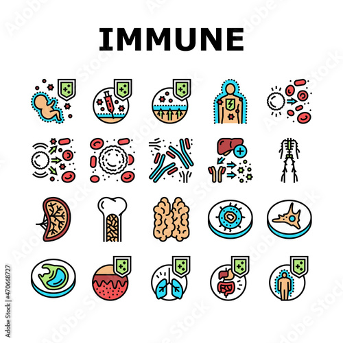 Immune System Disease And Treat Icons Set Vector. Thymus Of Immune And Antibodies, Active And Passive Immunity, Autoimmunity And Macrophage Blood Cell Line. Health Color Illustrations