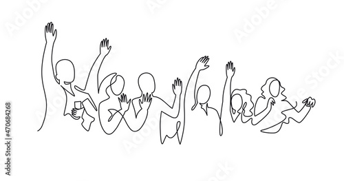 Cheerful crowd cheering illustration. Hands up. Group of applause people continuous one line vector drawing. Audience silhouette hand drawn characters. Women and men standing at concert