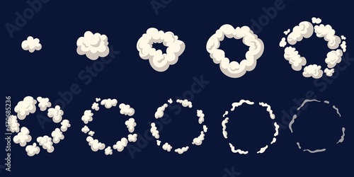 Cartoon smoke animation. Animated cloud explosion dust, sprite frame sheet exhaust gas, blast boom motion effect for game, explode bomb puff fx, comic bang, cartoon neat vector