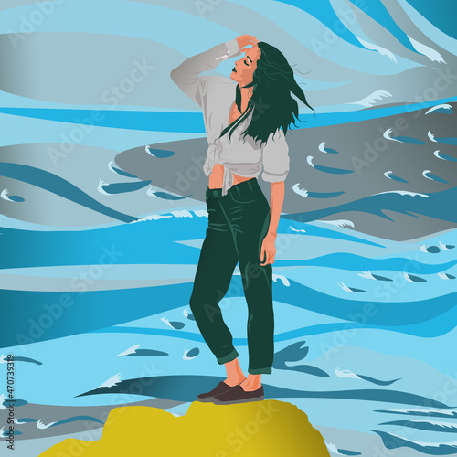 Młoda zamyślona dziewczyna z długimi włosami stoi na skale nad wodą
