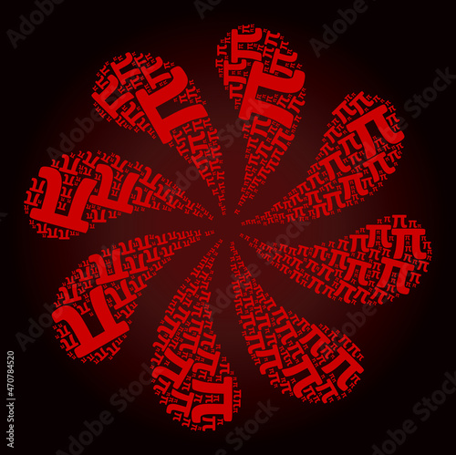 Red Pi Greek lowercase symbol icon curl bang petals fireworks shape on red dark gradient background. Turbine curl done from red random Pi Greek lowercase symbol symbols.