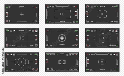 Camera viewfinder overlay video or photo frame recorder flat style design vector illustration set. Digital camera viewfinder with exposure settings and focusing grid template.