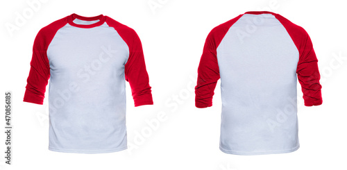 Blank sleeve Raglan t-shirt mock up templates color white/red front and back view on white background 