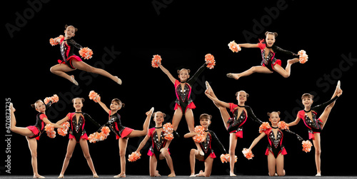 Creative collage of little girl, professional cheerleaders training, performing isolated over black background